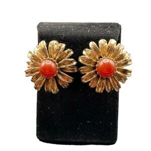 Fabulous Flowers Earrings Daisy Clip On Antiqued Gold Tone and Orange Cabochons